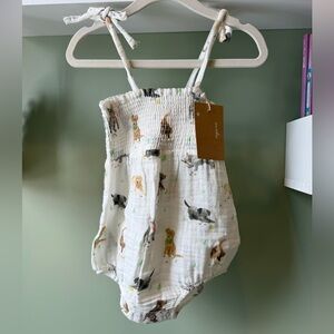 Angel Dear Tie Strap Smocked Bubble, Watercolor Puppies NWT ORGANIC cotton